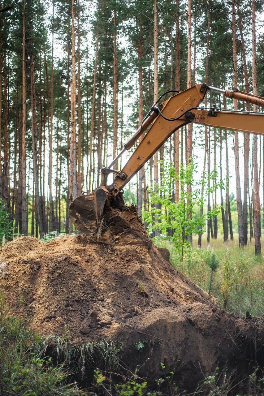 Excavator bucket dropping dirt into an open trench.