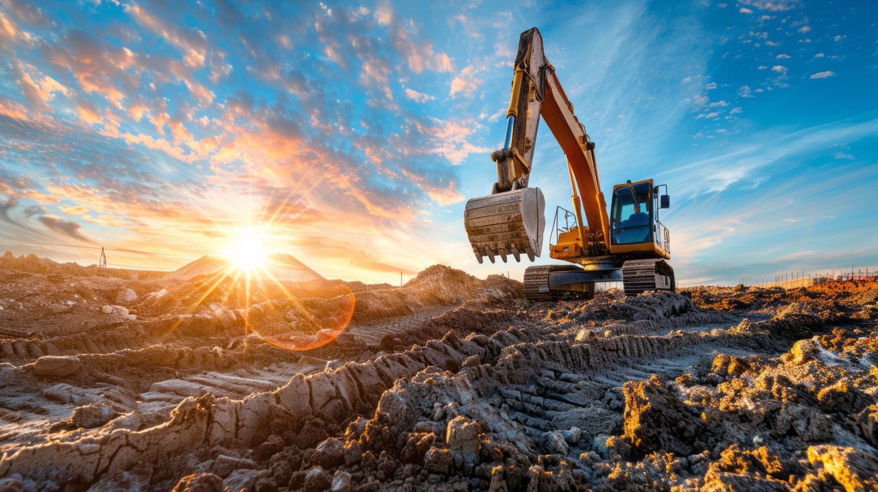 Yellow excavator and crane digging at a rural site.